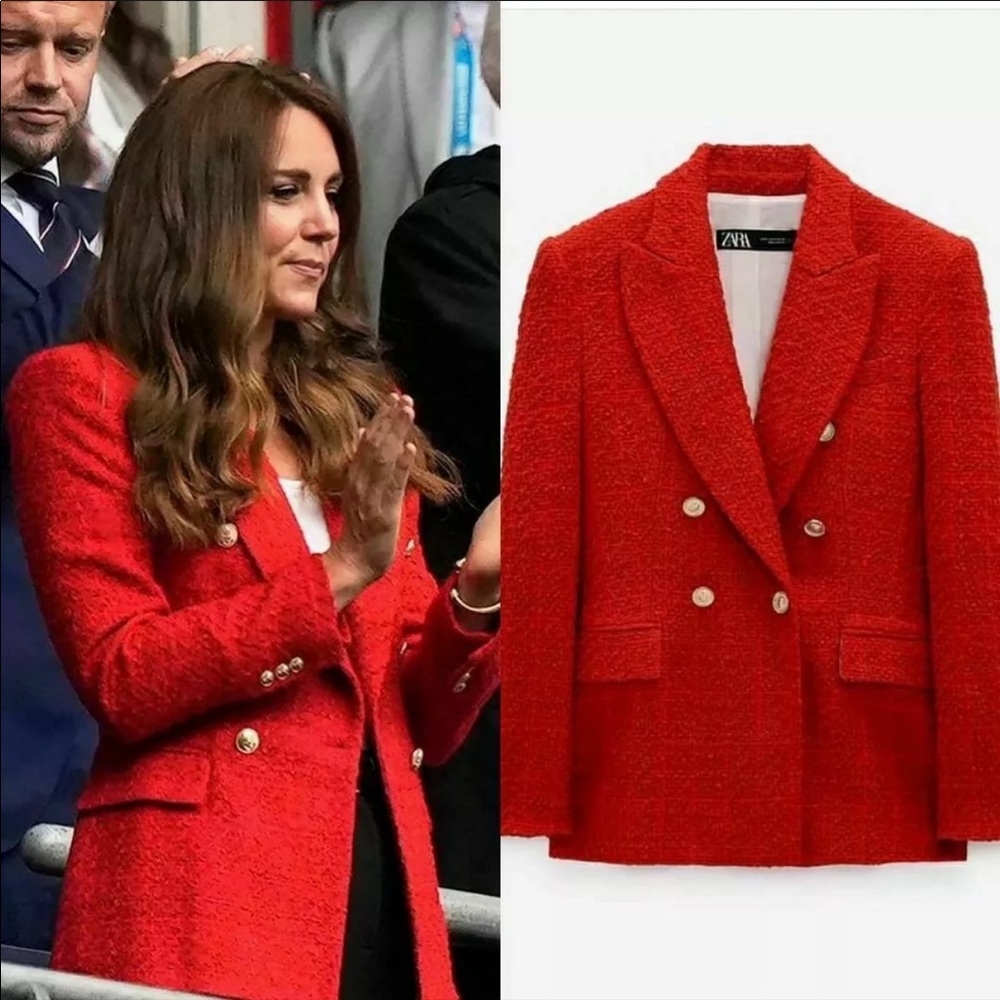 ZARA RED TEXTURED TWEED DOUBLE-BREASTED BLAZER